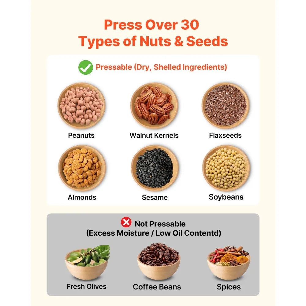 VEVOR Oil Press Machine, 8.27 LBS/H Capacity, 750W Oil Extractor Machine, Automatic Electric Oil Maker for Home Commercial Use, 122℉–572℉ Hot Pressing for Peanuts Sesames Soybeans Almonds