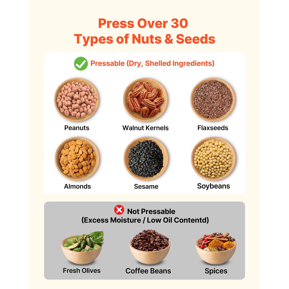 VEVOR Oil Press Machine, 8.27 LBS/H Capacity, 750W Oil Extractor Machine, Automatic Electric Oil Maker for Home Commercial Use, 122℉–572℉ Hot Pressing for Peanuts Sesames Soybeans Almonds