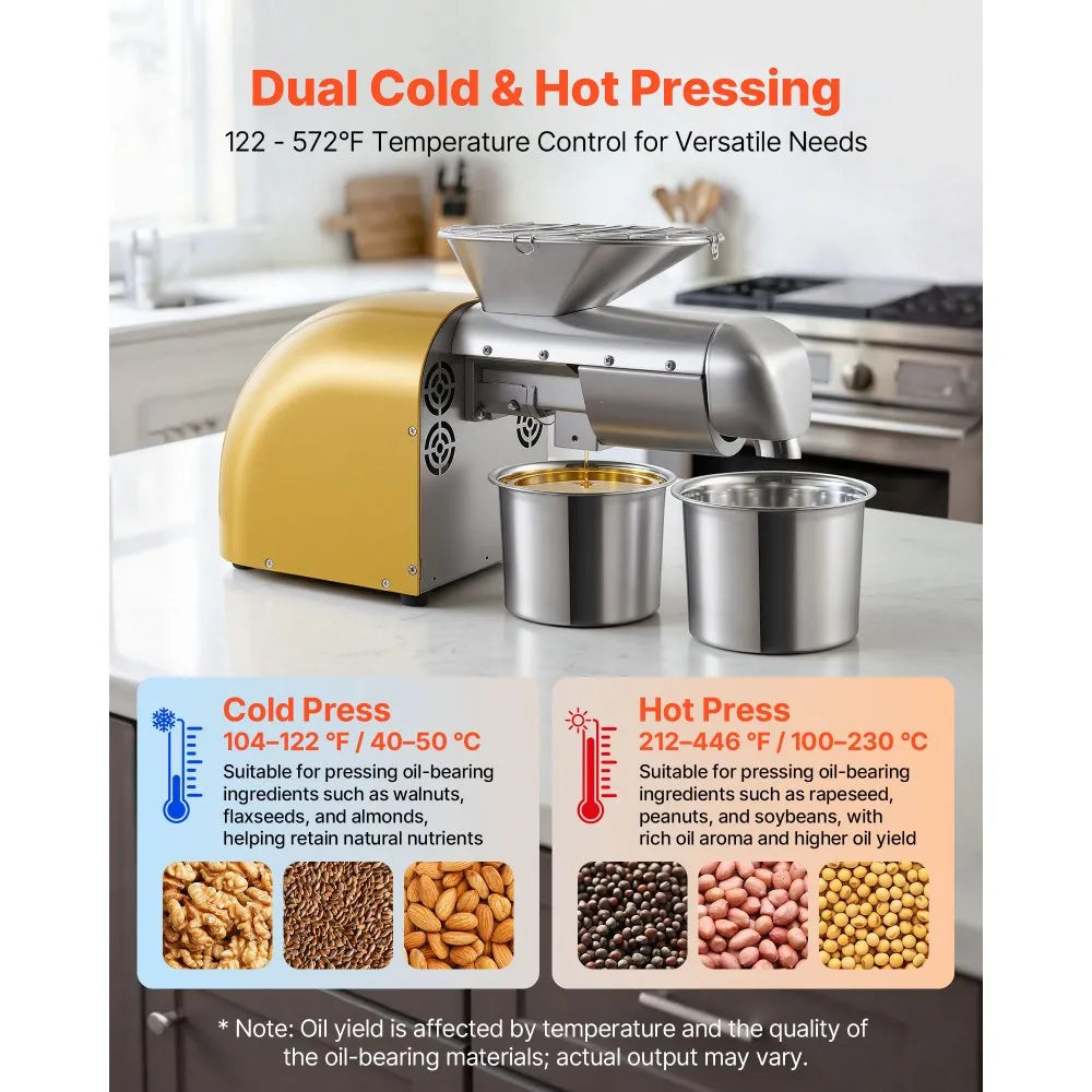VEVOR Oil Press Machine, 11 LBS/H Capacity, 1250W Oil Extractor Machine, Automatic Electric Oil Maker for Home Commercial Use, 122℉–572℉ Hot & Cold Pressing for Peanuts Sesames Soybeans Almonds