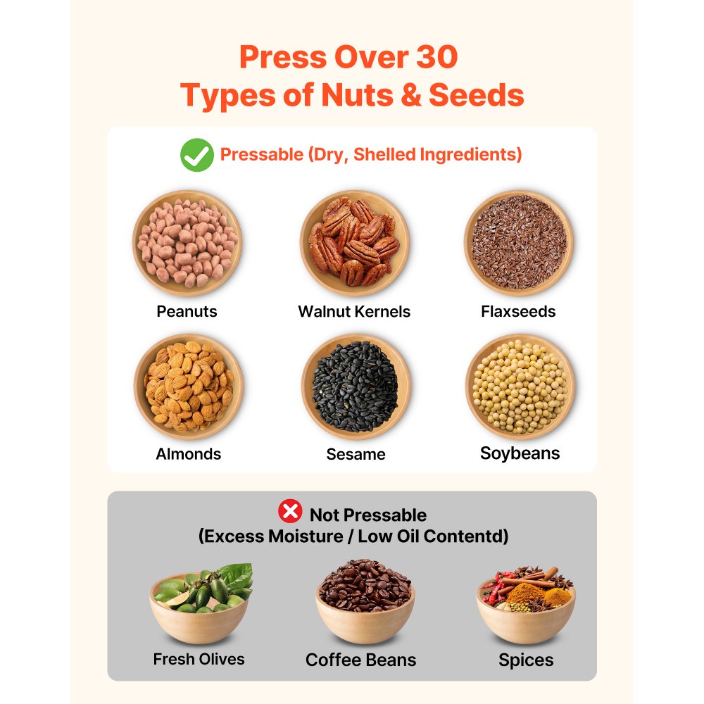 VEVOR Oil Press Machine, 11 LBS/H Capacity, 1250W Oil Extractor Machine, Automatic Electric Oil Maker for Home Commercial Use, 122℉–572℉ Hot & Cold Pressing for Peanuts Sesames Soybeans Almonds