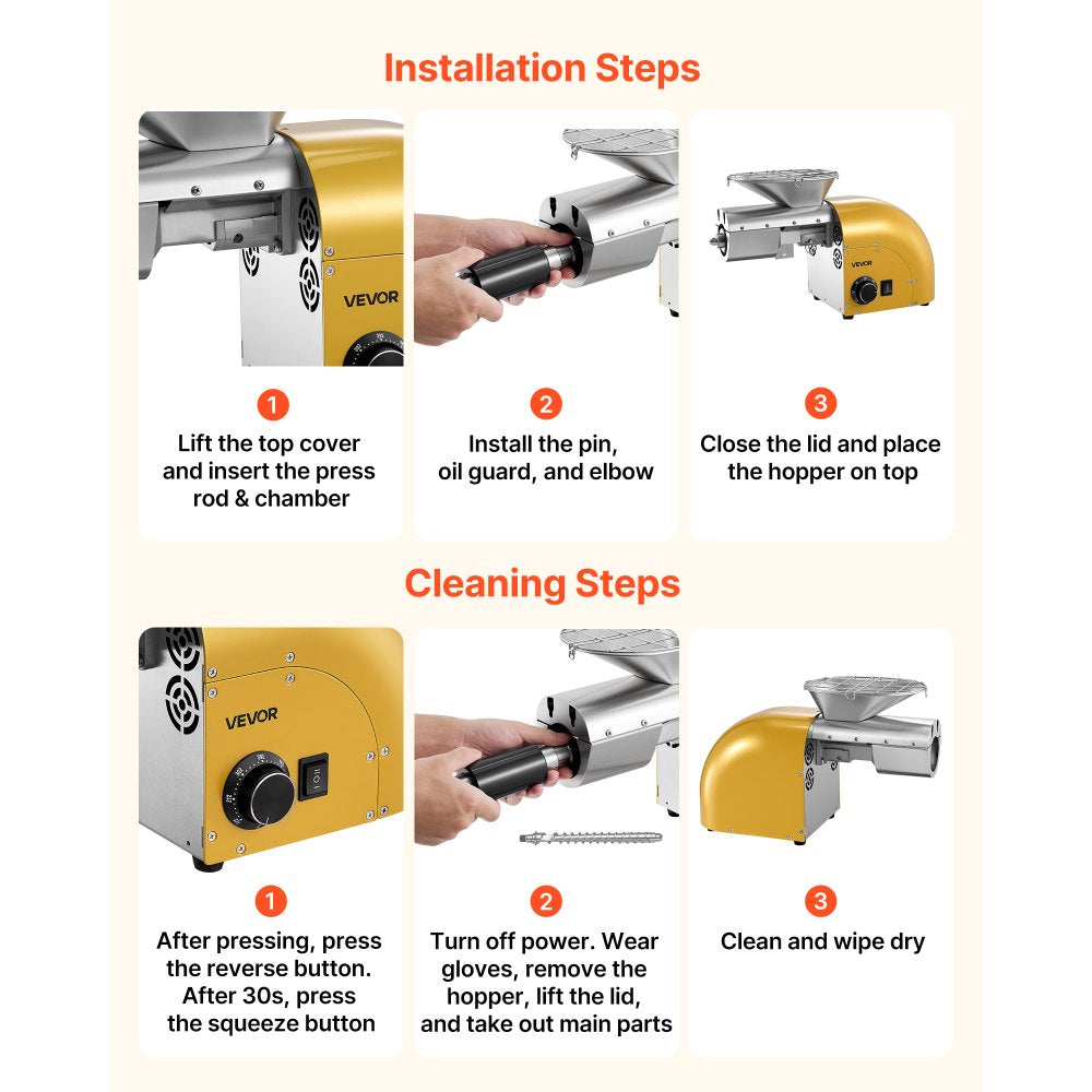 VEVOR Oil Press Machine, 11 LBS/H Capacity, 1250W Oil Extractor Machine, Automatic Electric Oil Maker for Home Commercial Use, 122℉–572℉ Hot & Cold Pressing for Peanuts Sesames Soybeans Almonds
