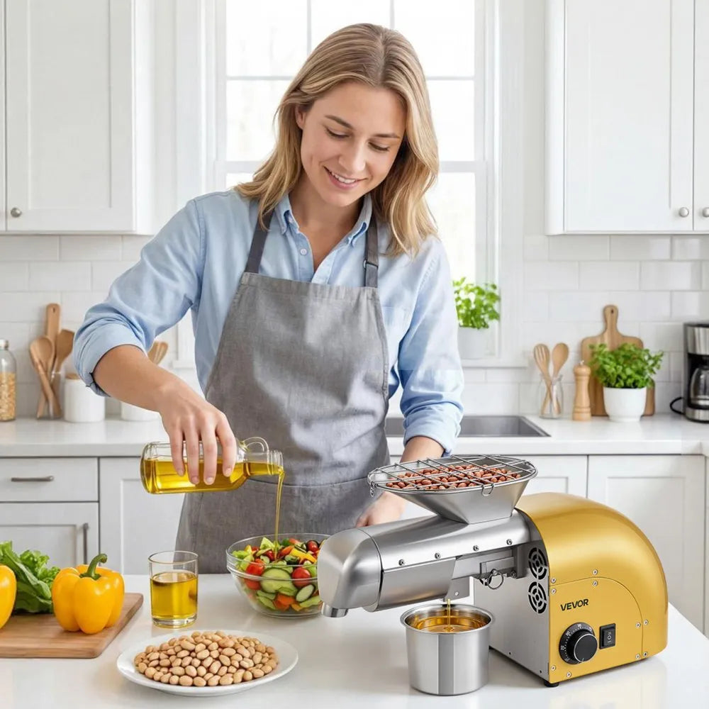 VEVOR Oil Press Machine, 11 LBS/H Capacity, 1250W Oil Extractor Machine, Automatic Electric Oil Maker for Home Commercial Use, 122℉–572℉ Hot & Cold Pressing for Peanuts Sesames Soybeans Almonds