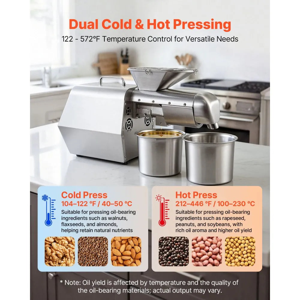VEVOR Oil Press Machine, 11 LBS/H Capacity, 1250W Oil Extractor Machine, Automatic Electric Oil Maker for Home Commercial Use, 122℉–572℉ Hot & Cold Pressing for Peanuts Sesames Soybeans Almonds