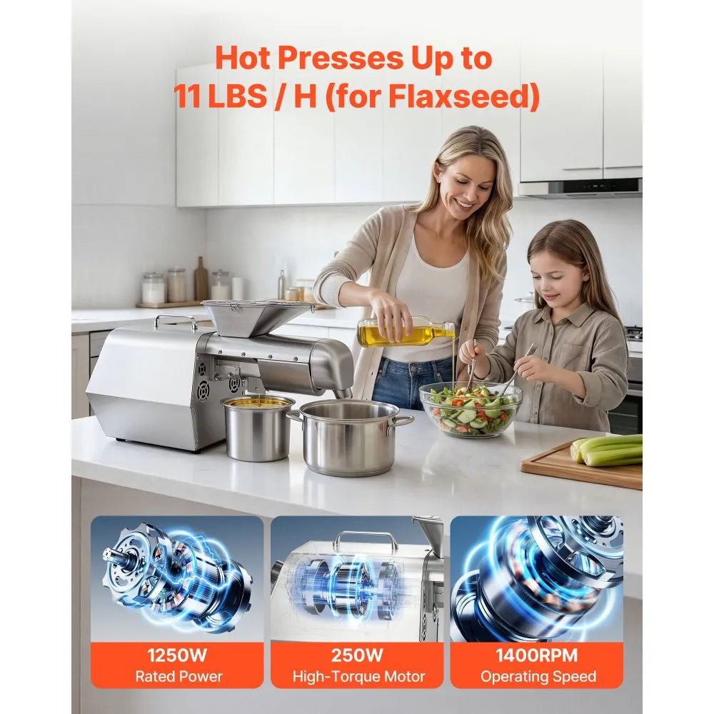 VEVOR Oil Press Machine, 11 LBS/H Capacity, 1250W Oil Extractor Machine, Automatic Electric Oil Maker for Home Commercial Use, 122℉–572℉ Hot & Cold Pressing for Peanuts Sesames Soybeans Almonds