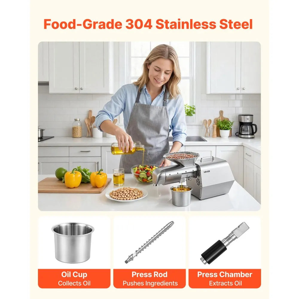 VEVOR Oil Press Machine, 11 LBS/H Capacity, 1250W Oil Extractor Machine, Automatic Electric Oil Maker for Home Commercial Use, 122℉–572℉ Hot & Cold Pressing for Peanuts Sesames Soybeans Almonds