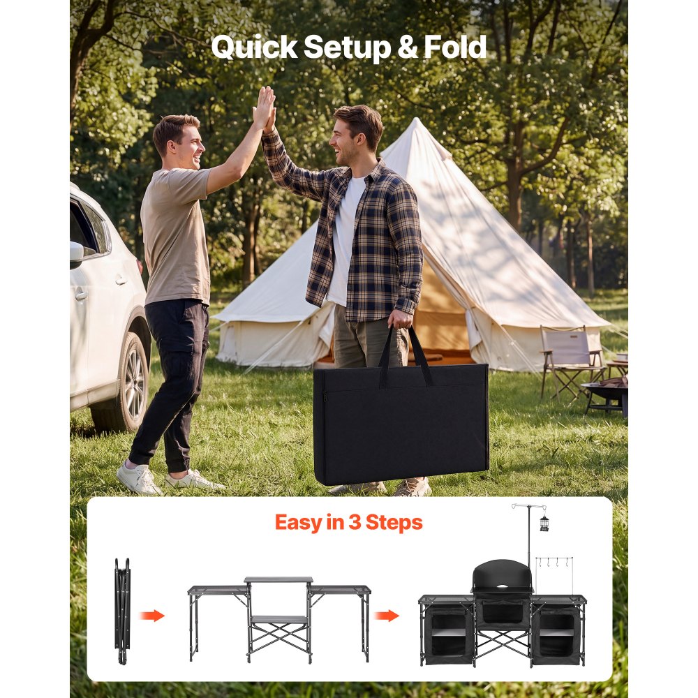 VEVOR Folding Camping Table, Outdoor Portable Table, Quick Set-up Kitchen Cook Station, with Storage Organizer, Telescoping Legs, a Detachable Windscreen, Carrying Bag, for Picnic BBQ RV Traveling