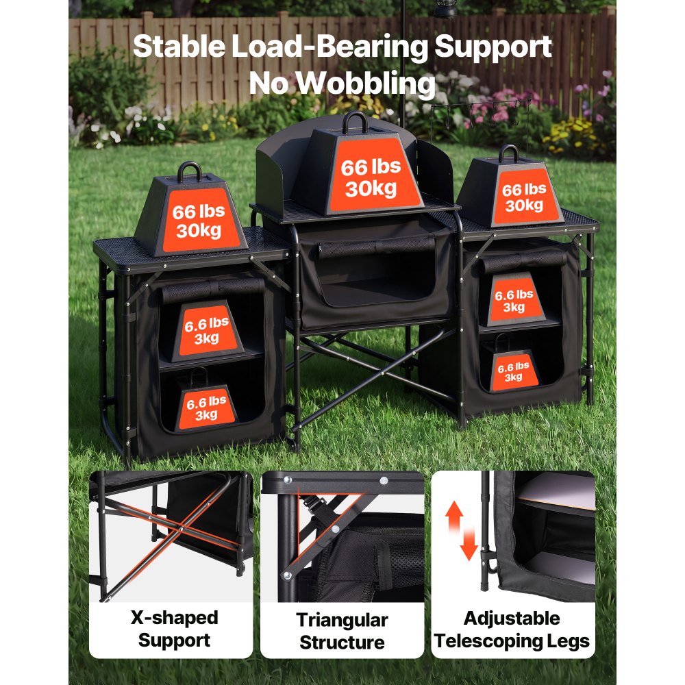VEVOR Folding Camping Table, Outdoor Portable Table, Quick Set-up Kitchen Cook Station, with Storage Organizer, Telescoping Legs, a Detachable Windscreen, Carrying Bag, for Picnic BBQ RV Traveling