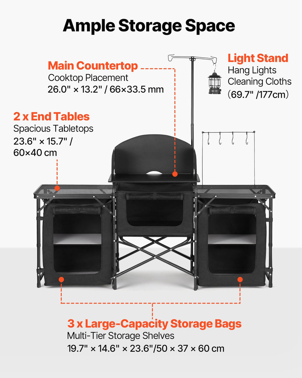 VEVOR Folding Camping Table, Outdoor Portable Table, Quick Set-up Kitchen Cook Station, with Storage Organizer, Telescoping Legs, a Detachable Windscreen, Carrying Bag, for Picnic BBQ RV Traveling