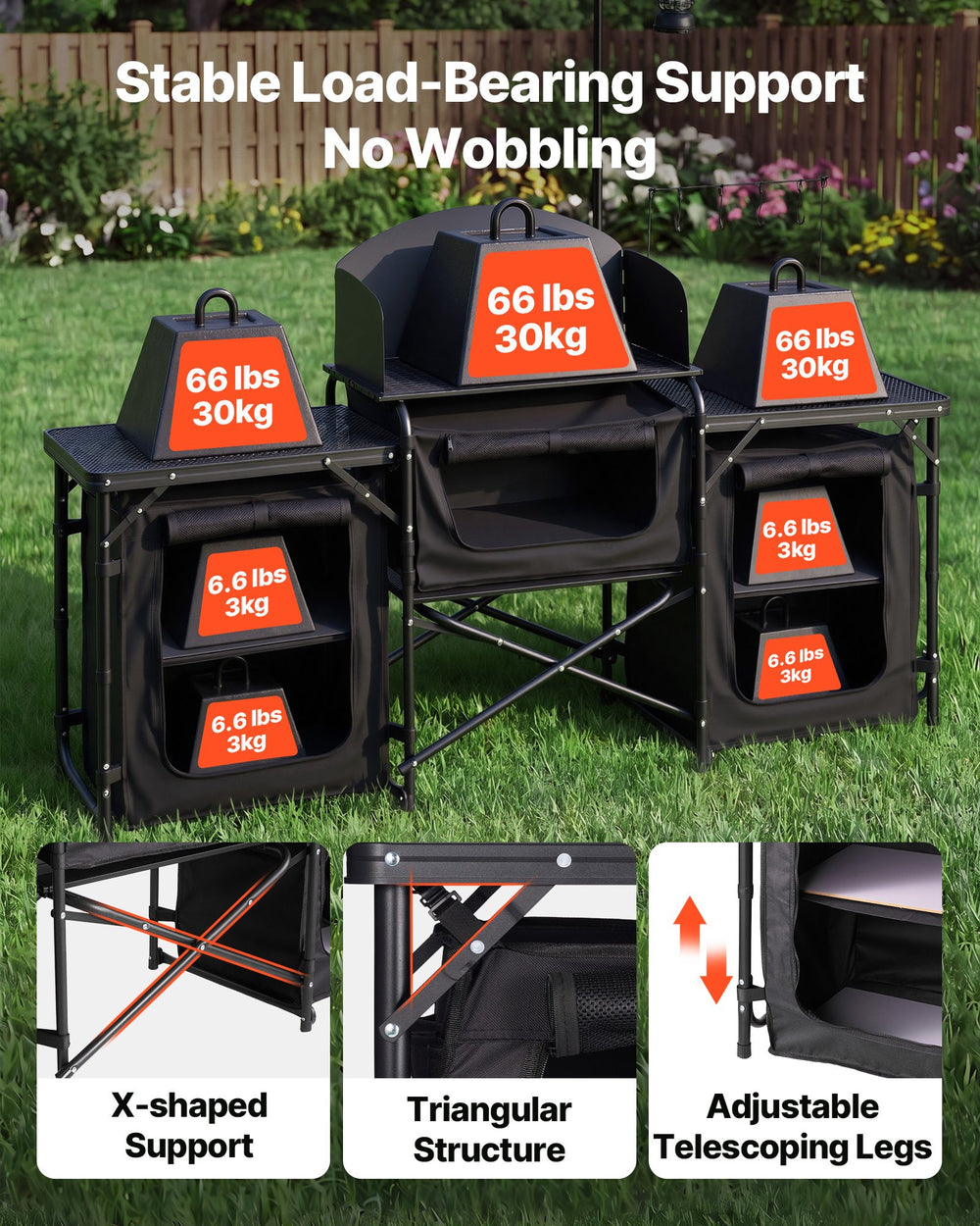 VEVOR Folding Camping Table, Outdoor Portable Table, Quick Set-up Kitchen Cook Station, with Storage Organizer, Telescoping Legs, a Detachable Windscreen, Carrying Bag, for Picnic BBQ RV Traveling