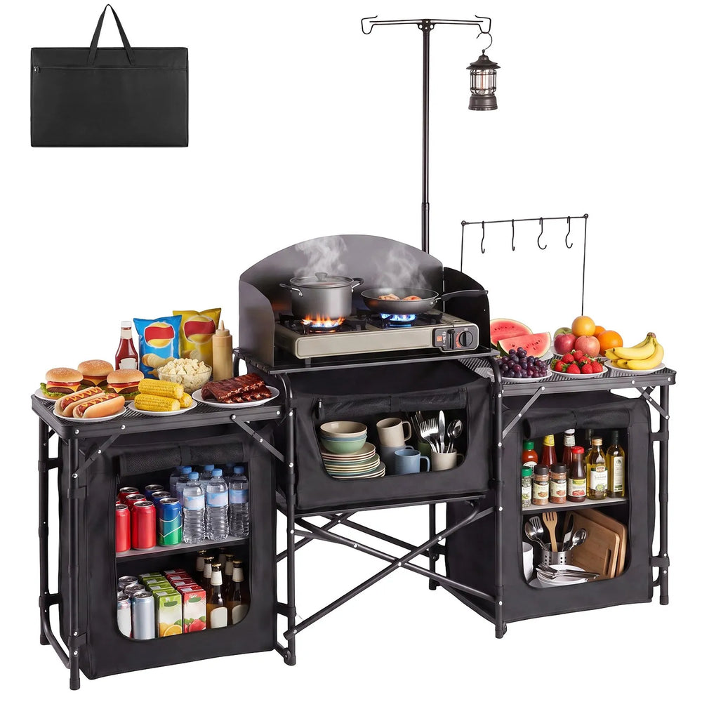 VEVOR Folding Camping Table, Outdoor Portable Table, Quick Set-up Kitchen Cook Station, with Storage Organizer, Telescoping Legs, a Detachable Windscreen, Carrying Bag, for Picnic BBQ RV Traveling