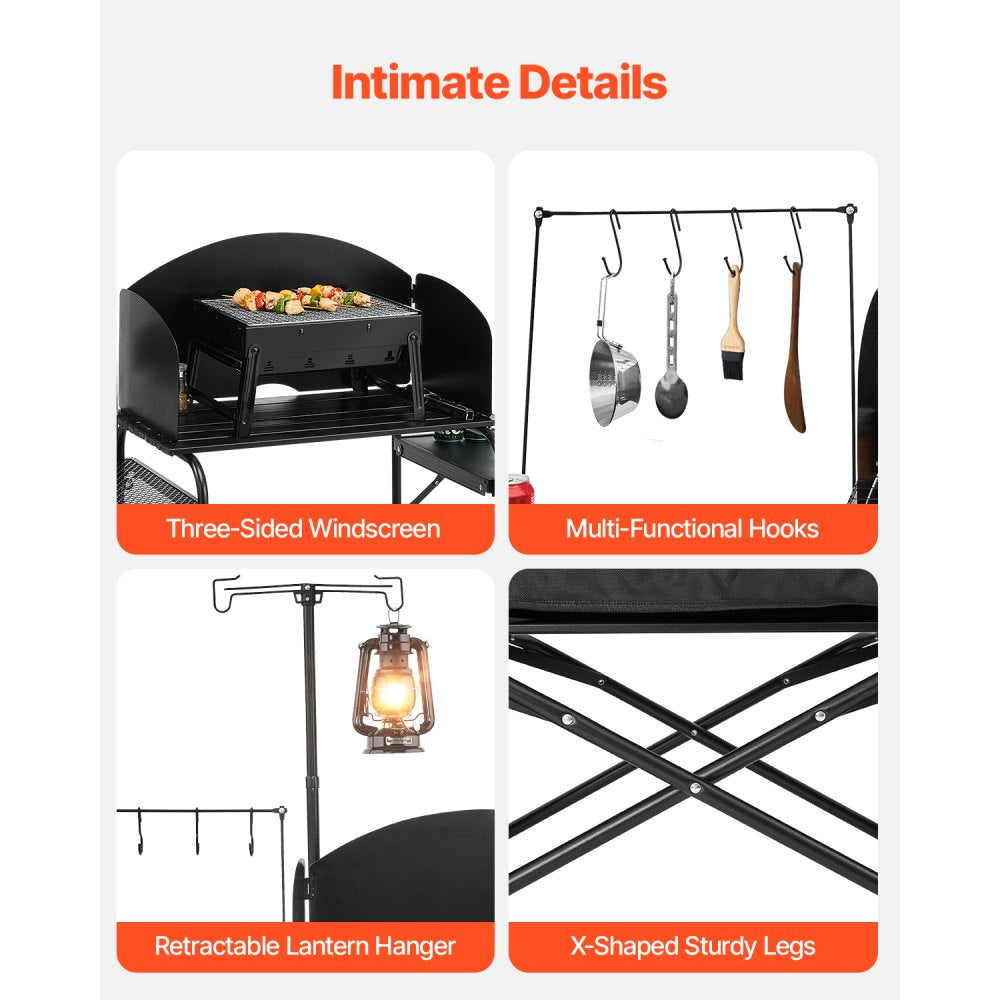 VEVOR Camping Kitchen Table, Outdoor Camp Cooking Table, Aluminum Portable Cook Station with Storage Cupboard, Carrying Bag, Detachable Windscreen, Quick Set-up for BBQ Party Picnic RV Travel, Black