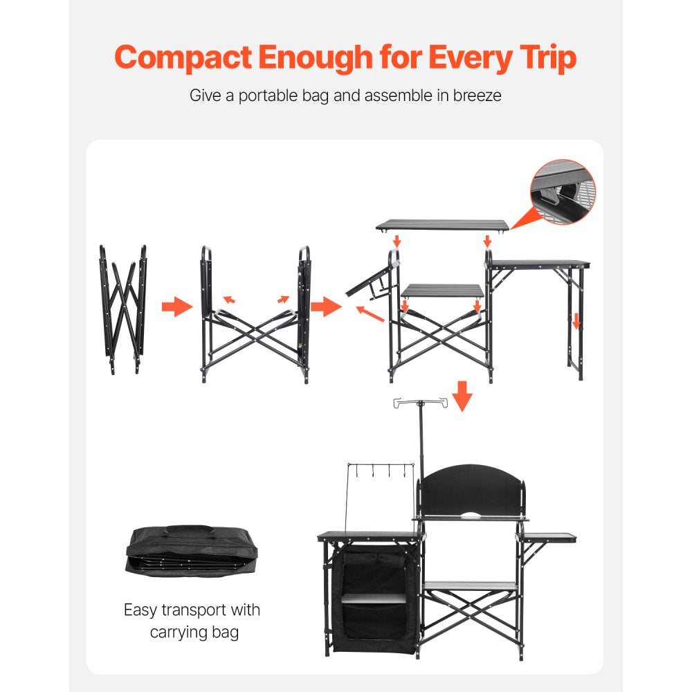 VEVOR Camping Kitchen Table, Outdoor Camp Cooking Table, Aluminum Portable Cook Station with Storage Cupboard, Carrying Bag, Detachable Windscreen, Quick Set-up for BBQ Party Picnic RV Travel, Black