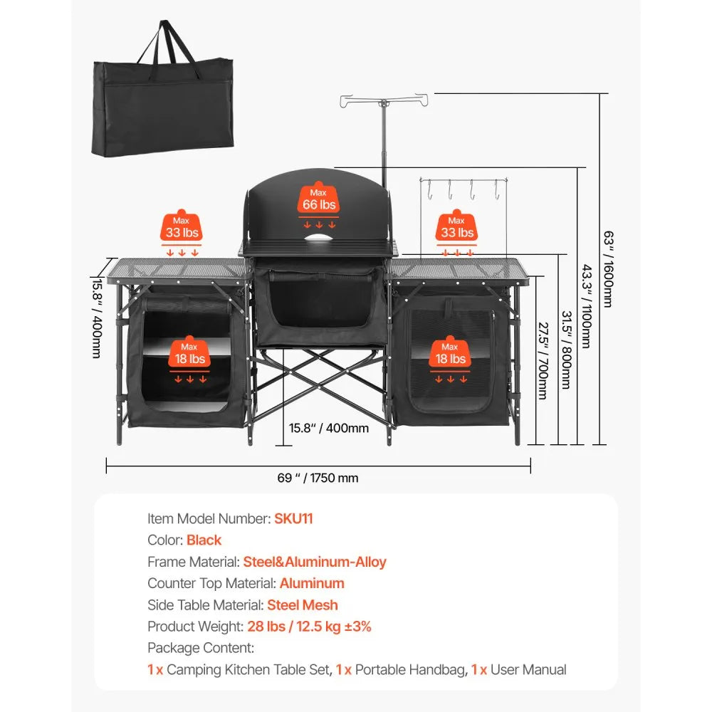 VEVOR Camping Kitchen Table, Outdoor Camp Cooking Table, Aluminum Portable Cook Station with 3 Storage Cupboard, Carrying Bag, Detachable Windscreen, Quick Set-up for BBQ Party Picnic RV Travel, Black