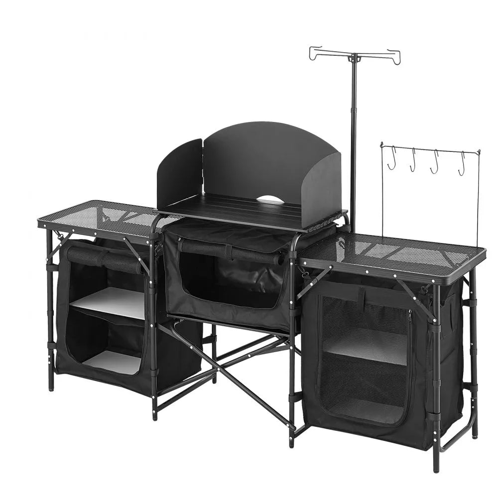 VEVOR Camping Kitchen Table, Outdoor Camp Cooking Table, Aluminum Portable Cook Station with 3 Storage Cupboard, Carrying Bag, Detachable Windscreen, Quick Set-up for BBQ Party Picnic RV Travel, Black