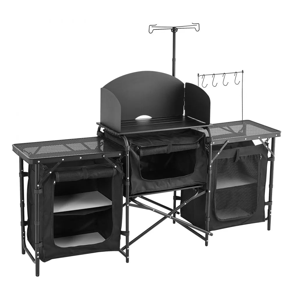 VEVOR Camping Kitchen Table, Outdoor Camp Cooking Table, Aluminum Portable Cook Station with 3 Storage Cupboard, Carrying Bag, Detachable Windscreen, Quick Set-up for BBQ Party Picnic RV Travel, Black