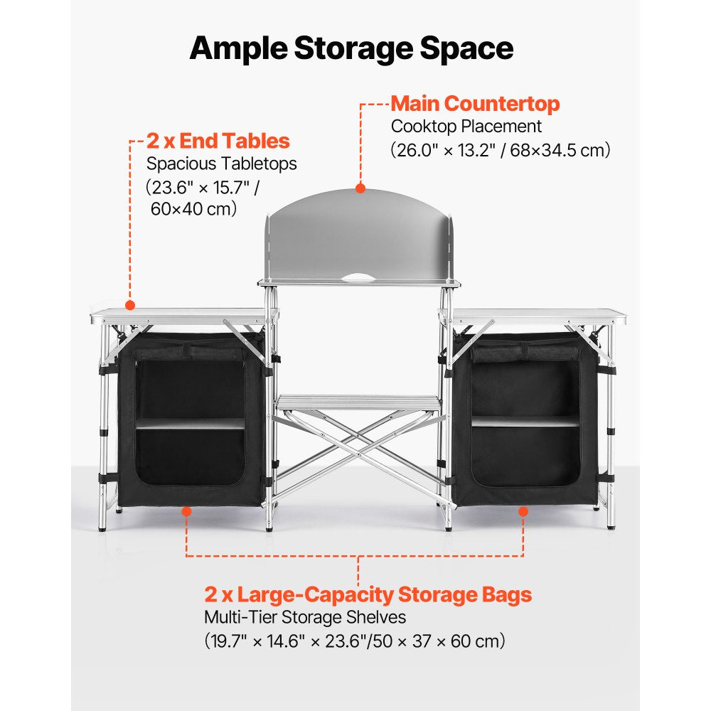 VEVOR Folding Camping Table, Outdoor Portable Aluminum Lightweight Table, Quick Set-up Kitchen Cook Station, with Storage Organizer, Detachable Windscreen, Carrying Bag, Ideal for Picnic BBQ Traveling