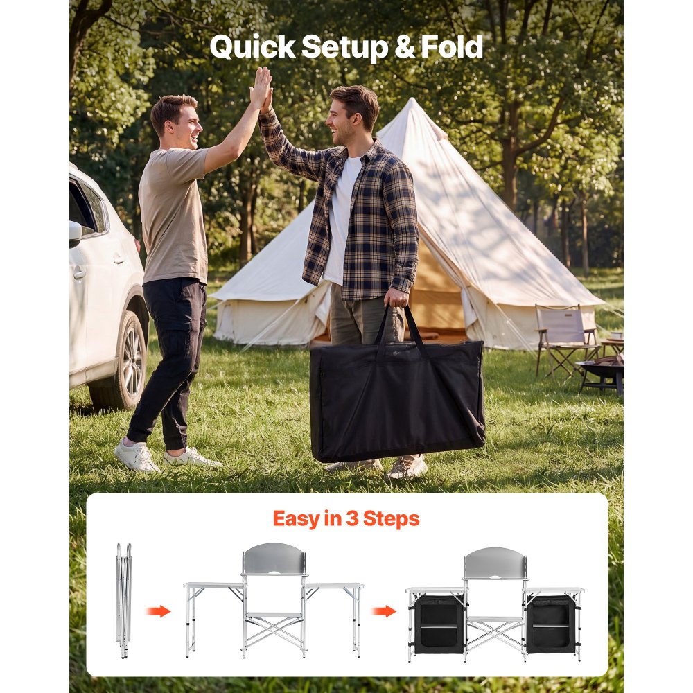 VEVOR Folding Camping Table, Outdoor Portable Aluminum Lightweight Table, Quick Set-up Kitchen Cook Station, with Storage Organizer, Detachable Windscreen, Carrying Bag, Ideal for Picnic BBQ Traveling