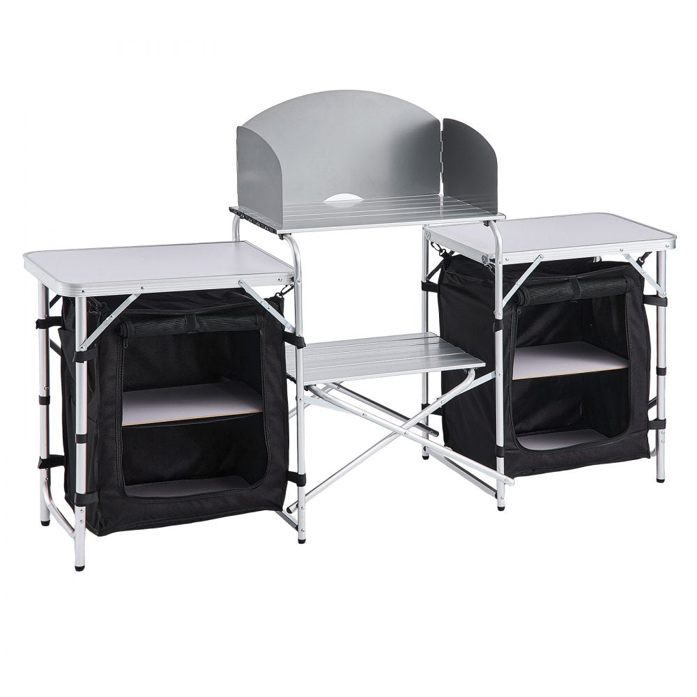 VEVOR Folding Camping Table, Outdoor Portable Aluminum Lightweight Table, Quick Set-up Kitchen Cook Station, with Storage Organizer, Detachable Windscreen, Carrying Bag, Ideal for Picnic BBQ Traveling
