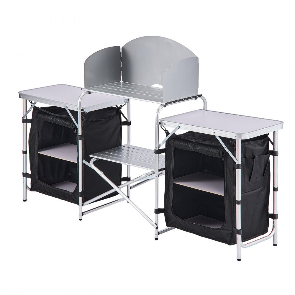 VEVOR Folding Camping Table, Outdoor Portable Aluminum Lightweight Table, Quick Set-up Kitchen Cook Station, with Storage Organizer, Detachable Windscreen, Carrying Bag, Ideal for Picnic BBQ Traveling