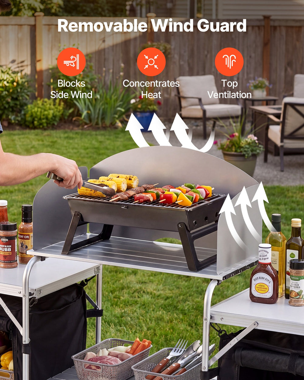 VEVOR Folding Camping Table, Outdoor Portable Aluminum Lightweight Table, Quick Set-up Kitchen Cook Station, with Storage Organizer, Detachable Windscreen, Carrying Bag, Ideal for Picnic BBQ Traveling