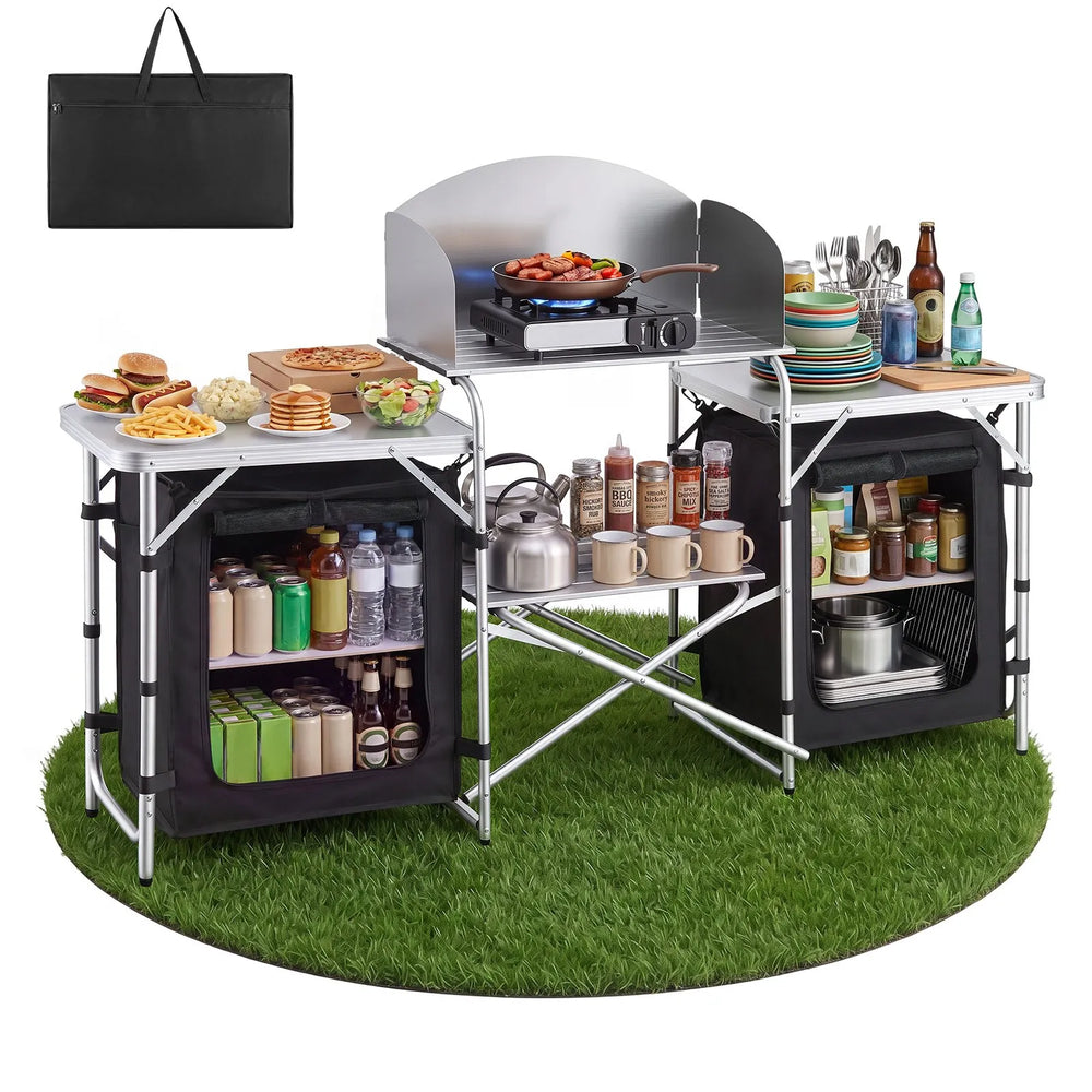 VEVOR Folding Camping Table, Outdoor Portable Aluminum Lightweight Table, Quick Set-up Kitchen Cook Station, with Storage Organizer, Detachable Windscreen, Carrying Bag, Ideal for Picnic BBQ Traveling