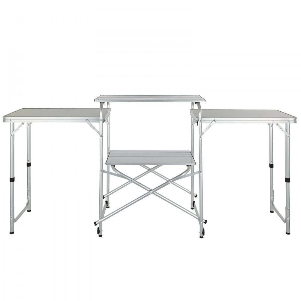 VEVOR Camping Kitchen Table, Folding Outdoor Cooking Table with Storage Carrying Bag, Aluminum Cook Station 3 Cupboard & Detachable Windscreen, Quick Set-up for Picnics, BBQ, RV Traveling, Brown