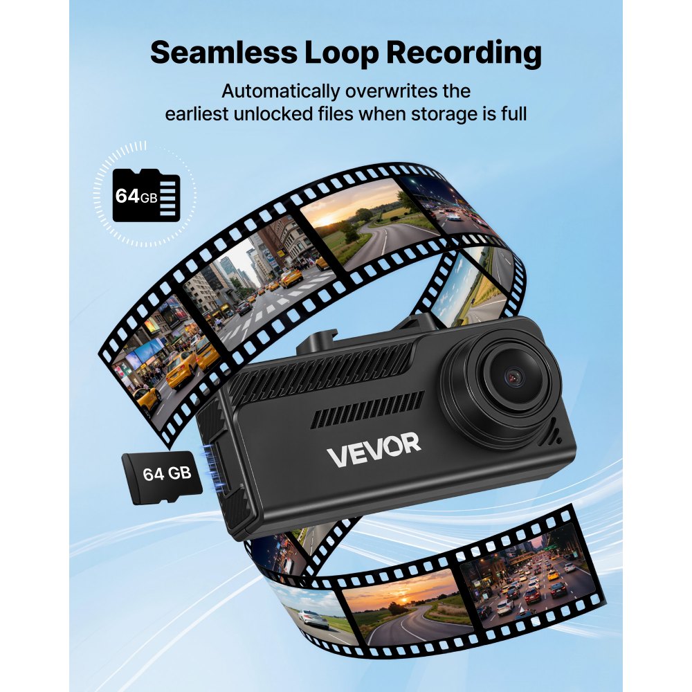 VEVOR Dash Cam Front and Rear, 4K+1080P, 64 GB Card Included, Dual Channel Dash Camera for Cars with Built-in GPS, G-Sensor, Front 129° & Rear 125°, 3.18" Touch Screen, Loop Recording, Parking Mode