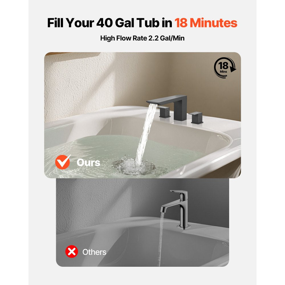 VEVOR Roman Tub Faucet, Bath Tubs Faucets Set with 2 Handles, Roman Tub Faucets Deck Mount for Pet Washing, Baby Care, Adult Bathing, Matte Black, Stainless Steel, 3 Hole Waterfall Bathtub Faucet