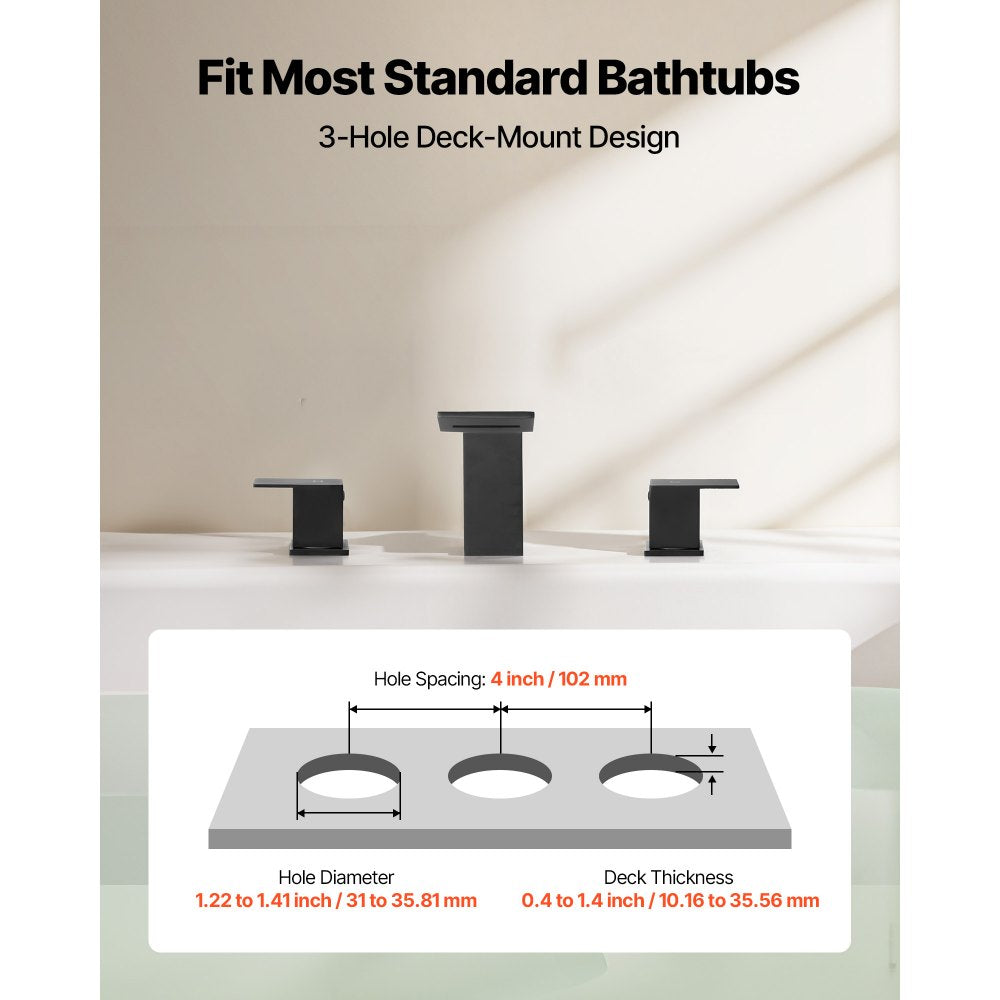 VEVOR Roman Tub Faucet, Bath Tubs Faucets Set with 2 Handles, Roman Tub Faucets Deck Mount for Pet Washing, Baby Care, Adult Bathing, Matte Black, Stainless Steel, 3 Hole Waterfall Bathtub Faucet