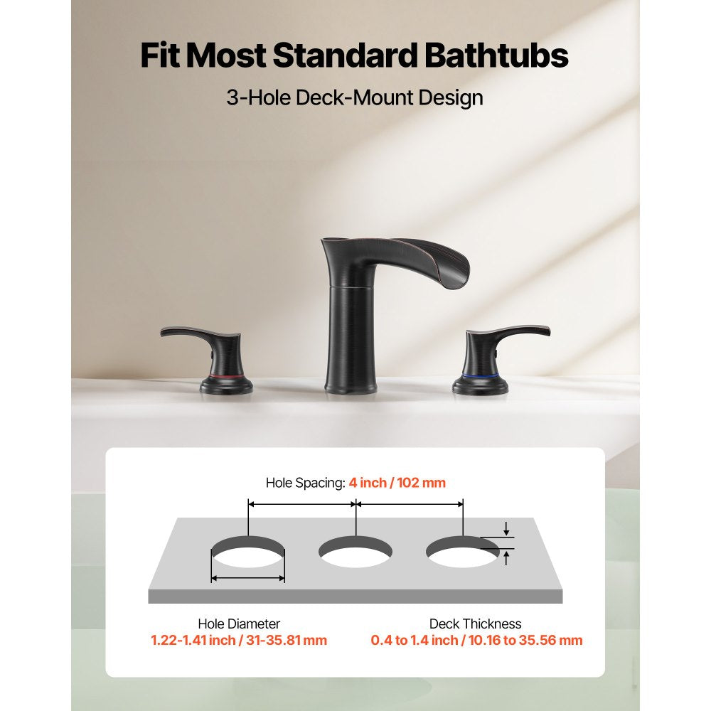 VEVOR Roman Tub Faucet, 3 Hole Waterfall Bathtub Faucet, Zinc Alloy Bath Tubs Faucets Set with 2 Handles, Deck Mount Bath Tub Faucets Set for Pet Washing, Baby Care, Adult Bathing, Oil-Rubbed Bronze