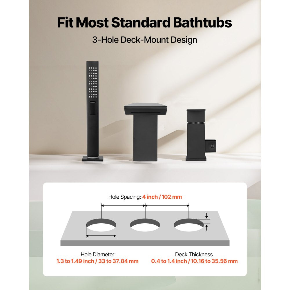 VEVOR Roman Tub Faucet, 3 Hole Waterfall Bathtub Faucet,  Roman Bathtub Faucets Set with Shower Head & 1 Handle, Romans Bathtub Faucets for Pet Washing, Adult Bathing, Matte Black, Stainless Steel