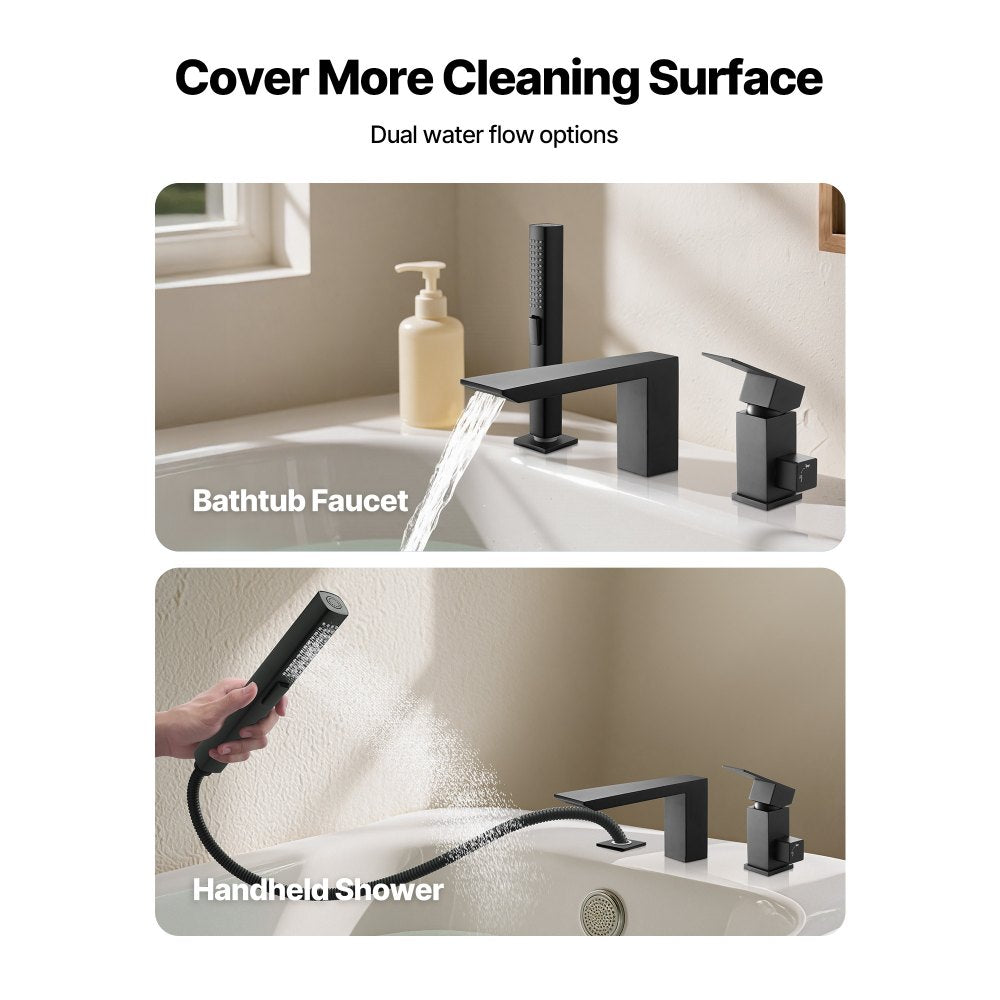 VEVOR Roman Tub Faucet, 3 Hole Waterfall Bathtub Faucet,  Roman Bathtub Faucets Set with Shower Head & 1 Handle, Romans Bathtub Faucets for Pet Washing, Adult Bathing, Matte Black, Stainless Steel