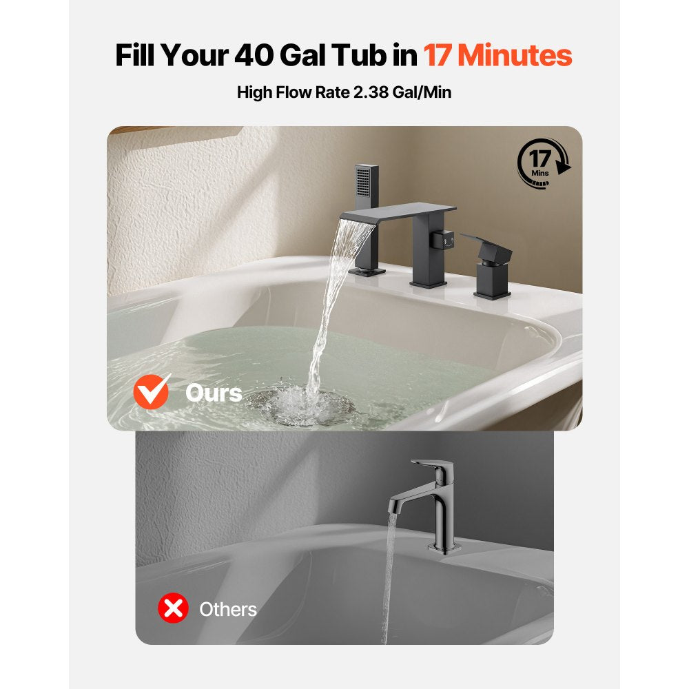 VEVOR Roman Tub Faucet, 3 Hole Waterfall Bathtub Faucet, Roman Bathtub Faucets Set with Shower Head & 1 Handle, Deck Mount Bath Tub Faucets Set for Pet Washing, Baby Care, Adult Bathing, Matte Black