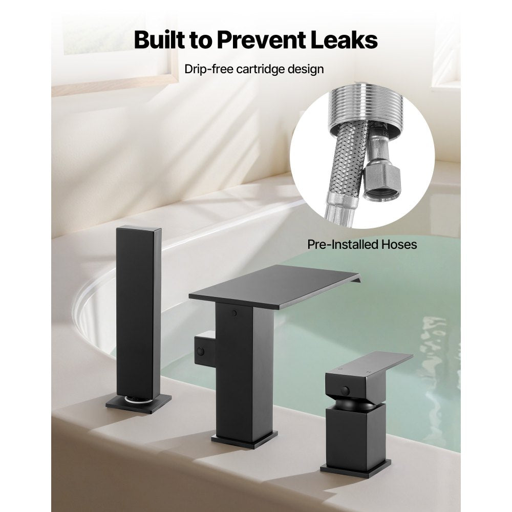 VEVOR Roman Tub Faucet, 3 Hole Waterfall Bathtub Faucet, Roman Bathtub Faucets Set with Shower Head & 1 Handle, Deck Mount Bath Tub Faucets Set for Pet Washing, Baby Care, Adult Bathing, Matte Black
