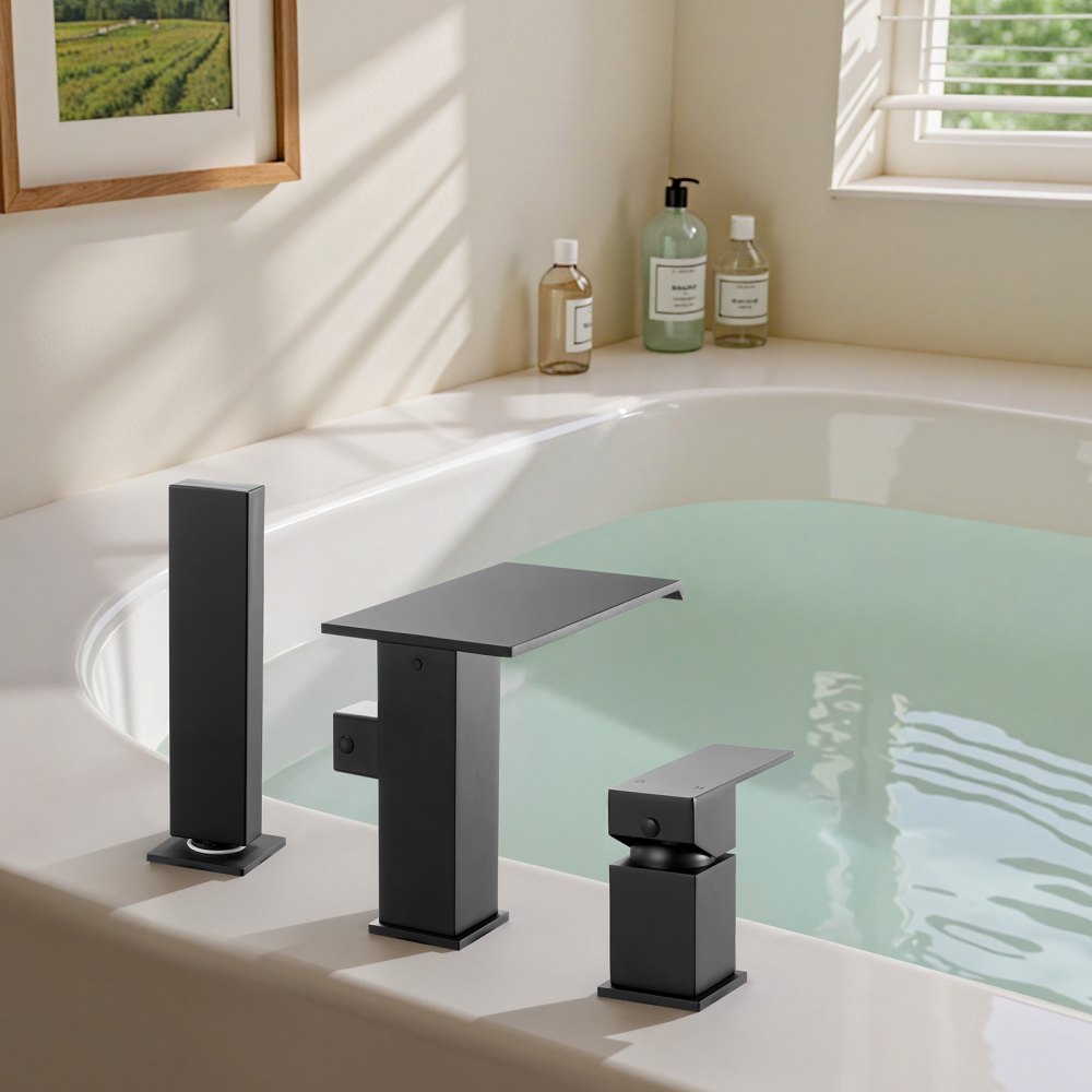 VEVOR Roman Tub Faucet, 3 Hole Waterfall Bathtub Faucet, Roman Bathtub Faucets Set with Shower Head & 1 Handle, Deck Mount Bath Tub Faucets Set for Pet Washing, Baby Care, Adult Bathing, Matte Black