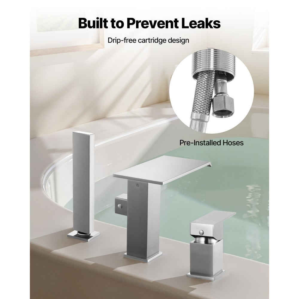 VEVOR Roman Tub Faucet, 3 Hole Waterfall Bathtub Faucet, Roman Bathtub Faucets Set with Shower Head & 1 Handle, Deck Mount Bath Tub Faucets Set for Adult Bathing, Brushed Stainless Steel, Drip-Free