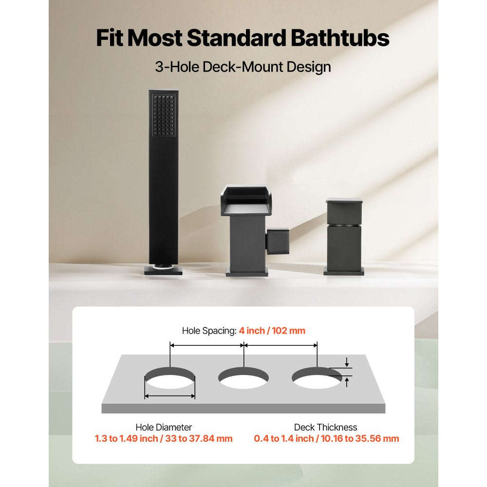 VEVOR Roman Tub Faucet, 3 Hole Waterfall Bathtub Faucet, Widespread Roman Tub Faucets with Shower Head & 1 Handle, Romans Bathtub Faucets for Pet Washing, Adult Bathing, Matte Black, Dual Water Flow