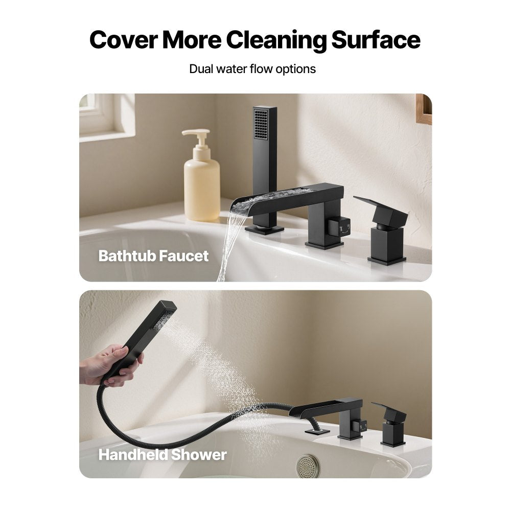 VEVOR Roman Tub Faucet, 3 Hole Waterfall Bathtub Faucet, Widespread Roman Tub Faucets with Shower Head & 1 Handle, Romans Bathtub Faucets for Pet Washing, Adult Bathing, Matte Black, Dual Water Flow