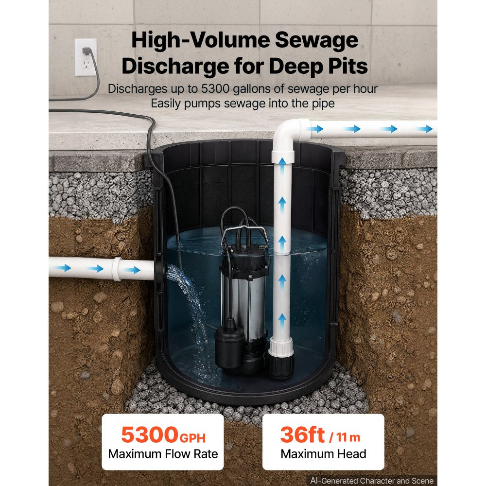 VEVOR Submersible Sump Pump 1 HP 5300 GPH Max Stainless Steel Sewage Pump, for Basement Septic Tank Residential Effluent, with Automatic Tethered Float Switch, 1.5-Inch NPT Discharge, 36 ft Max Lift