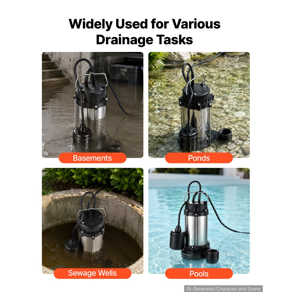 VEVOR Submersible Sump Pump 1 HP 5300 GPH Max Stainless Steel Sewage Pump, for Basement Septic Tank Residential Effluent, with Automatic Tethered Float Switch, 1.5-Inch NPT Discharge, 36 ft Max Lift