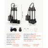 VEVOR Submersible Sump Pump 1 HP 5300 GPH Max Stainless Steel Sewage Pump, for Basement Septic Tank Residential Effluent, with Automatic Tethered Float Switch, 1.5-Inch NPT Discharge, 36 ft Max Lift