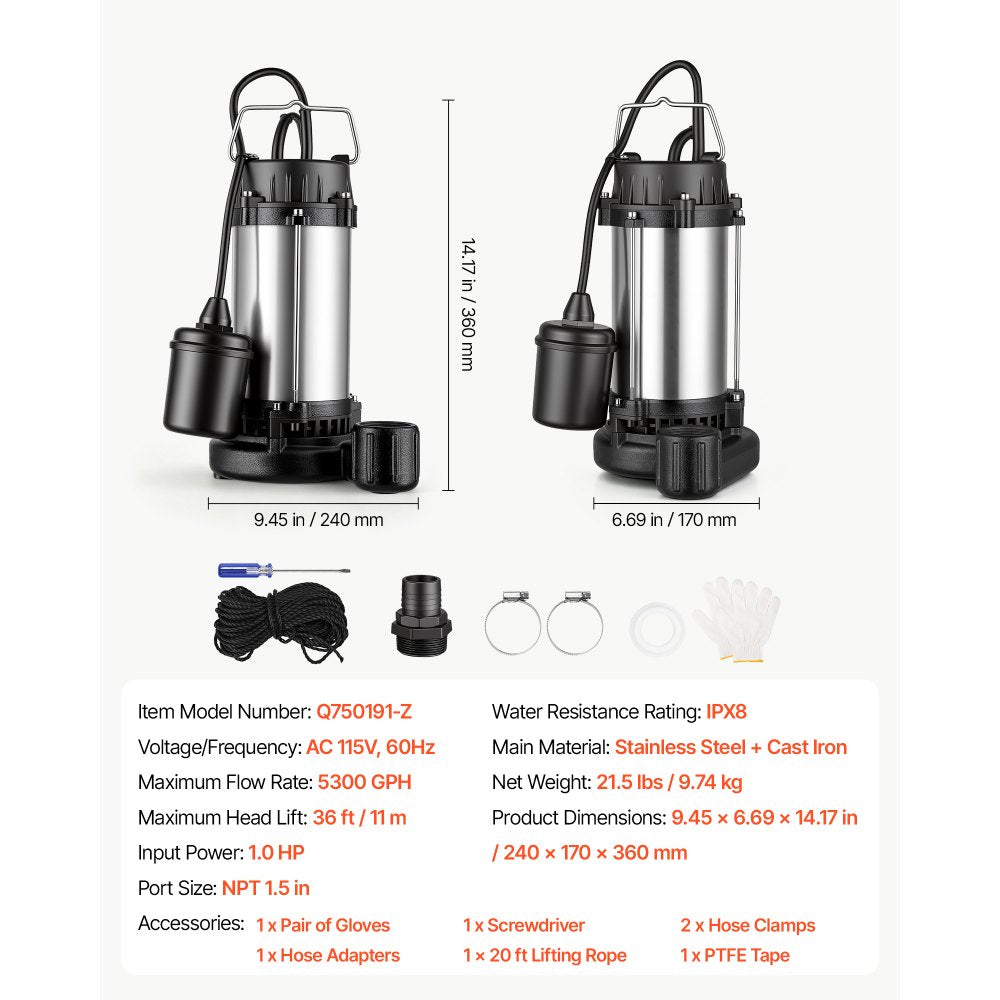 VEVOR Submersible Sump Pump 1 HP 5300 GPH Max Stainless Steel Sewage Pump, for Basement Septic Tank Residential Effluent, with Automatic Tethered Float Switch, 1.5-Inch NPT Discharge, 36 ft Max Lift