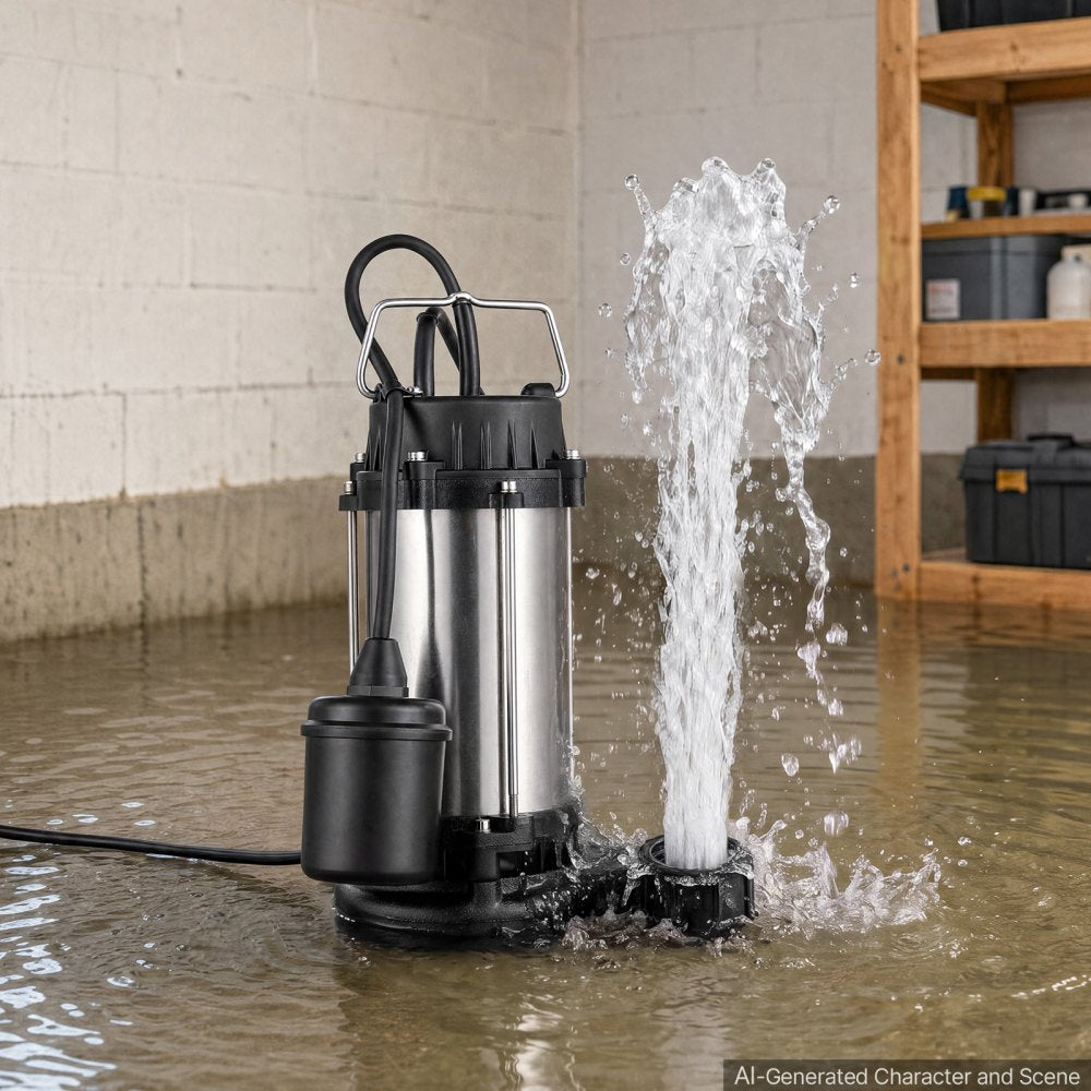 VEVOR Submersible Sump Pump 1 HP 5300 GPH Max Stainless Steel Sewage Pump, for Basement Septic Tank Residential Effluent, with Automatic Tethered Float Switch, 1.5-Inch NPT Discharge, 36 ft Max Lift