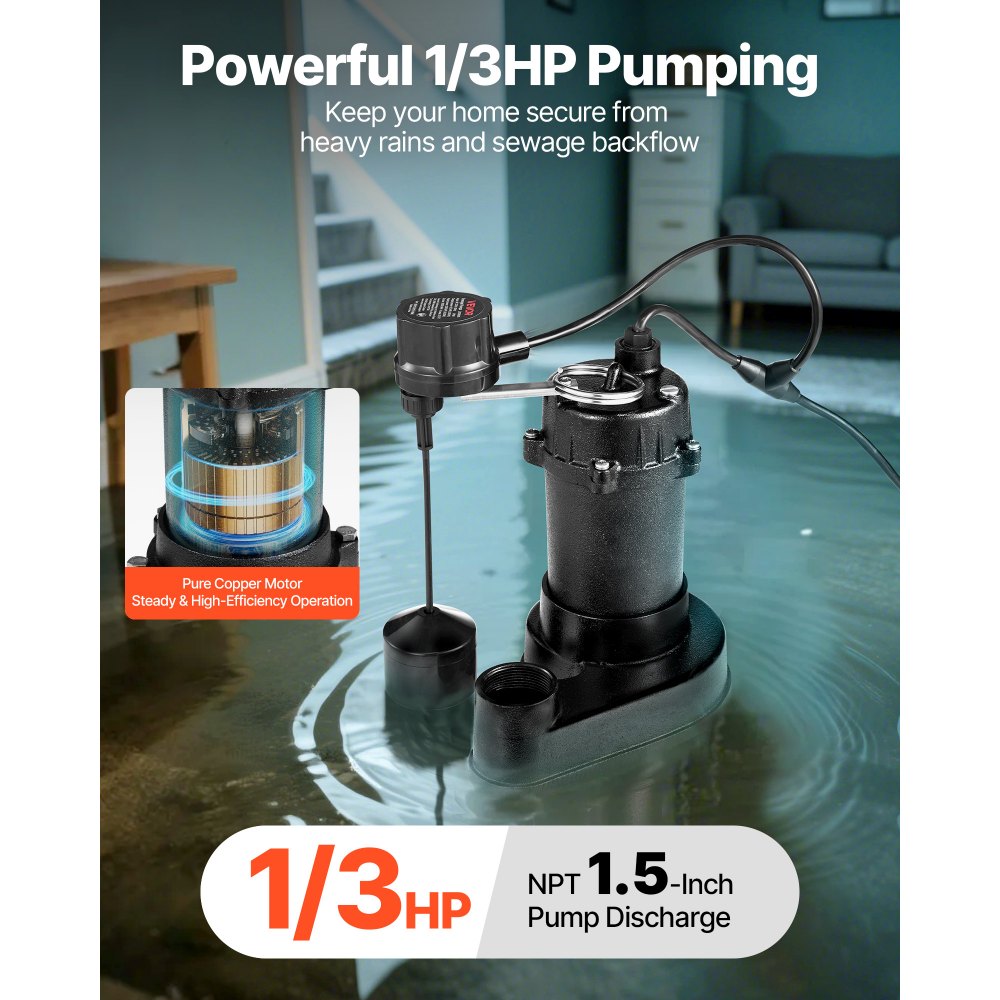 VEVOR Submersible Sewage Pump, 1/3 HP, 3000 GPH Cast Iron Sewage/Effluent Pump with Automatic Float Switch, 1.5-Inch NPT Discharge, 120V, 25 ft Lift, for Basement, Septic Tank, Residential Sump Basin