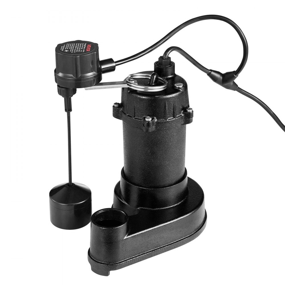 VEVOR Submersible Sewage Pump, 1/3 HP, 3000 GPH Cast Iron Sewage/Effluent Pump with Automatic Float Switch, 1.5-Inch NPT Discharge, 120V, 25 ft Lift, for Basement, Septic Tank, Residential Sump Basin