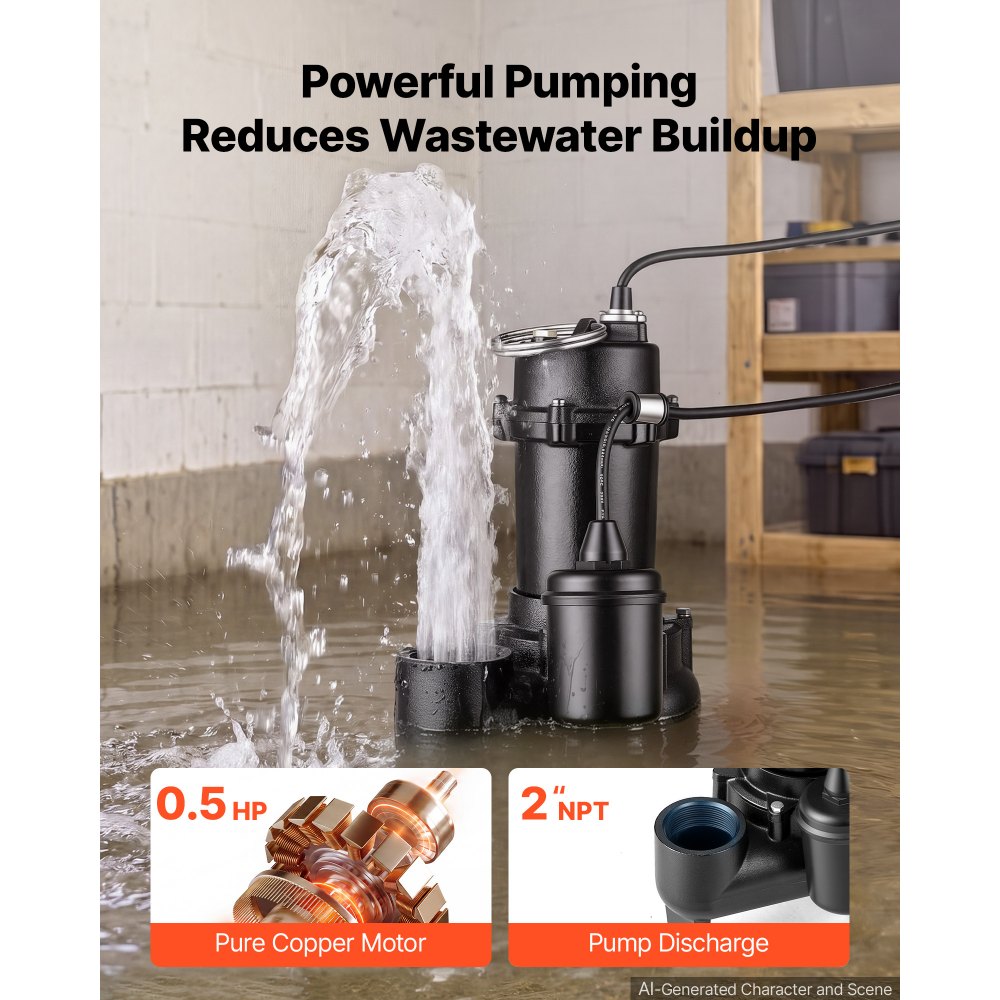 VEVOR Submersible Sump Pump 1/2 HP 5400 GPH Cast Iron Sewage/Effluent Pump, for Basement Septic Tank Residential, Automatic Tethered Float Switch, 2-Inch NPT Discharge, 22 ft Lift, IPX8 Waterproof