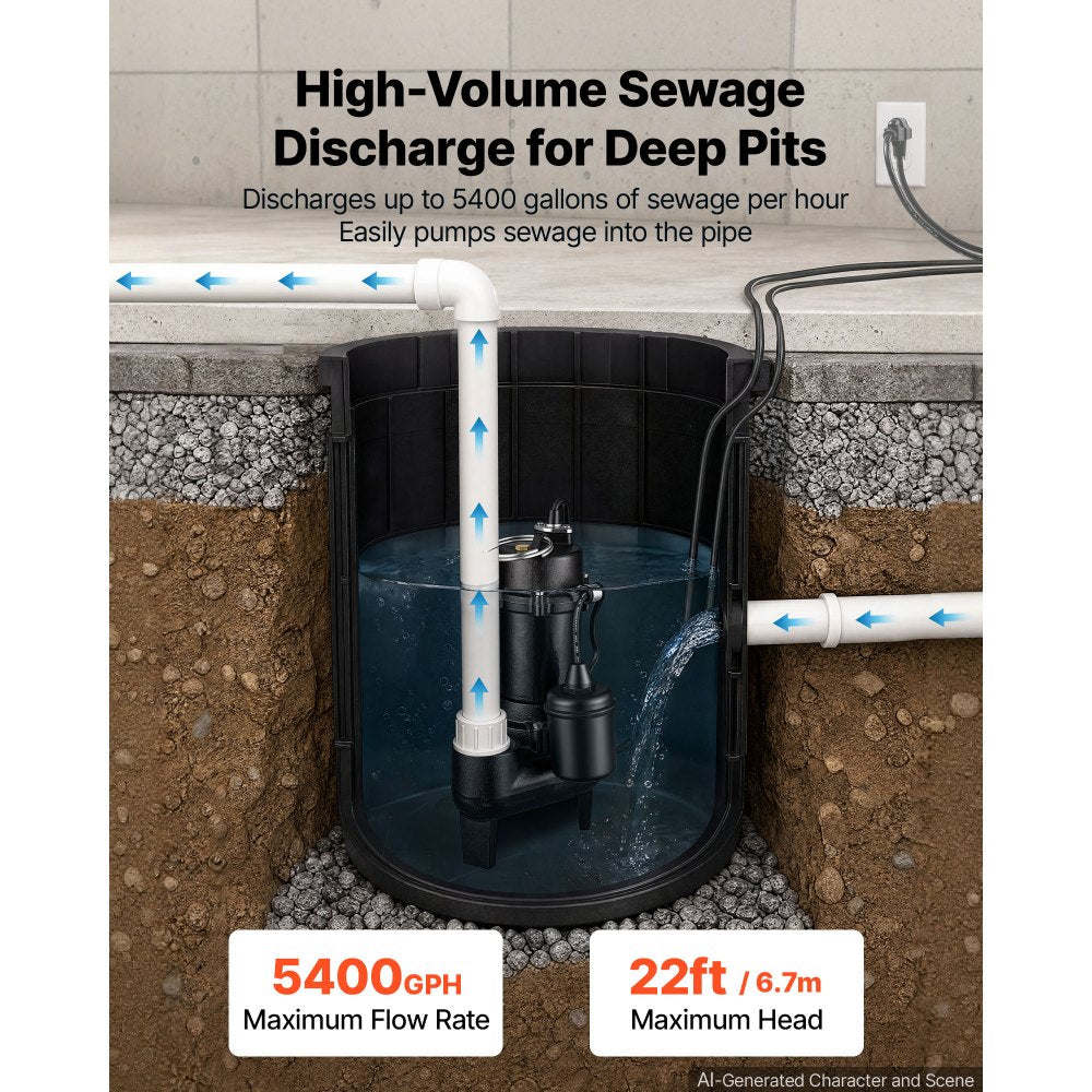 VEVOR Submersible Sump Pump 1/2 HP 5400 GPH Cast Iron Sewage/Effluent Pump, for Basement Septic Tank Residential, Automatic Tethered Float Switch, 2-Inch NPT Discharge, 22 ft Lift, IPX8 Waterproof