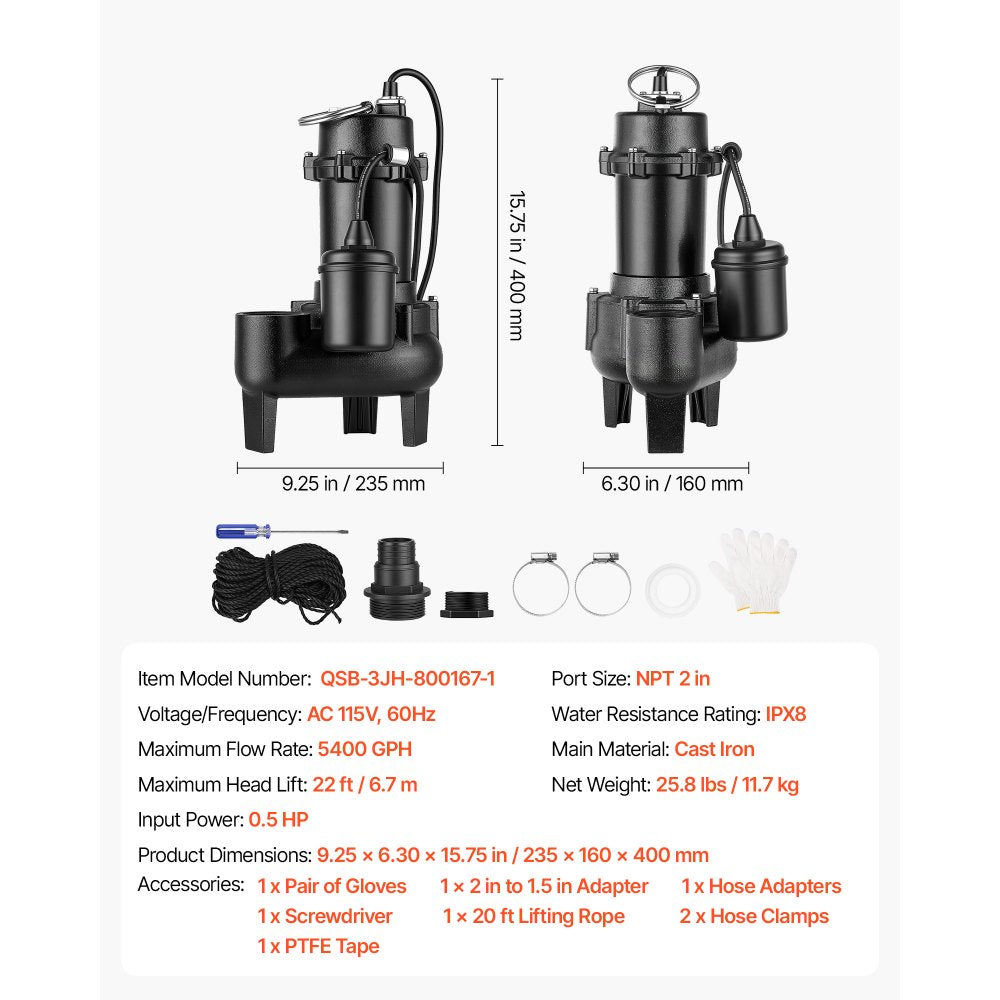 VEVOR Submersible Sump Pump 1/2 HP 5400 GPH Cast Iron Sewage/Effluent Pump, for Basement Septic Tank Residential, Automatic Tethered Float Switch, 2-Inch NPT Discharge, 22 ft Lift, IPX8 Waterproof