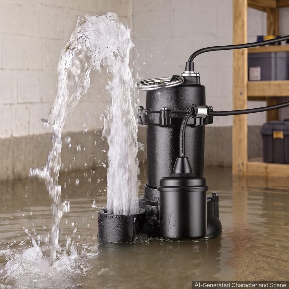 VEVOR Submersible Sump Pump 1/2 HP 5400 GPH Cast Iron Sewage/Effluent Pump, for Basement Septic Tank Residential, Automatic Tethered Float Switch, 2-Inch NPT Discharge, 22 ft Lift, IPX8 Waterproof