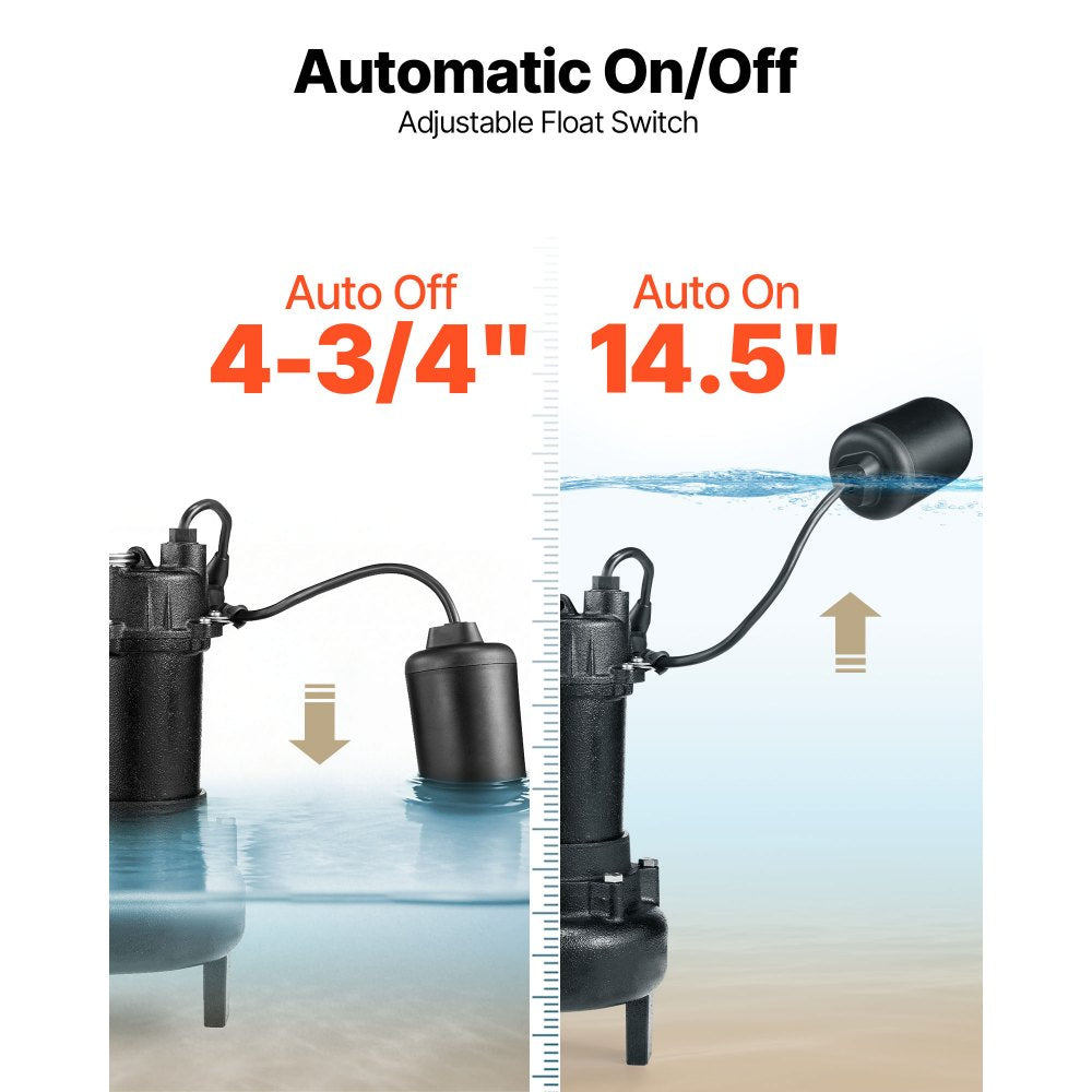 VEVOR Submersible Sewage Pump, 1/2 HP, 6000 GPH Cast Iron Sewage/Effluent Pump with Automatic Tethered Float Switch, 2-Inch NPT Discharge, 120V, 25 ft Max Lift, for Basement, Septic Tank, Residential